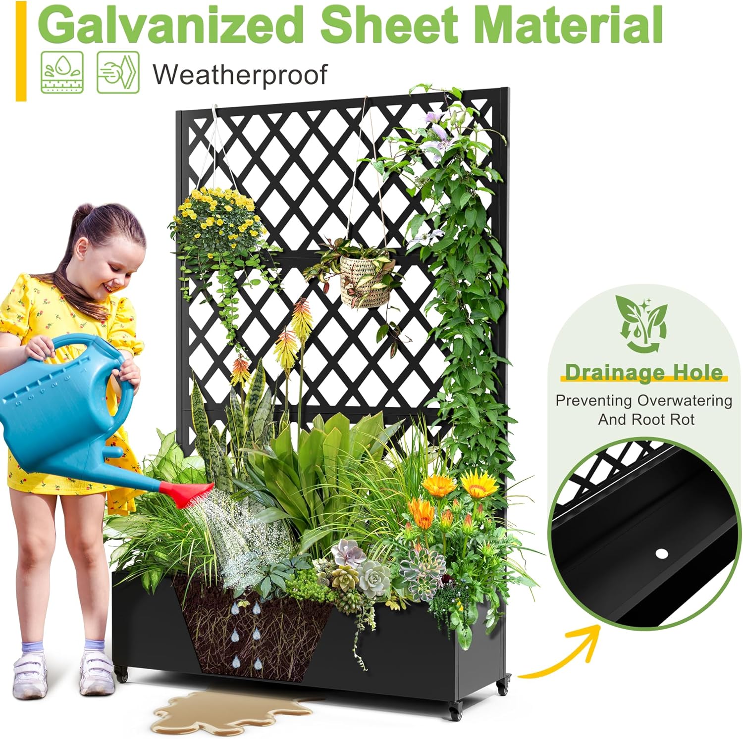 FENCY Metal Planter Box with Diamond Lattice Trellis Planter Box for Climbing Plants/Vines, Galvanized Raised Garden Bed On Wheels, Garden Bed with Trellis(73"x47" Black)
