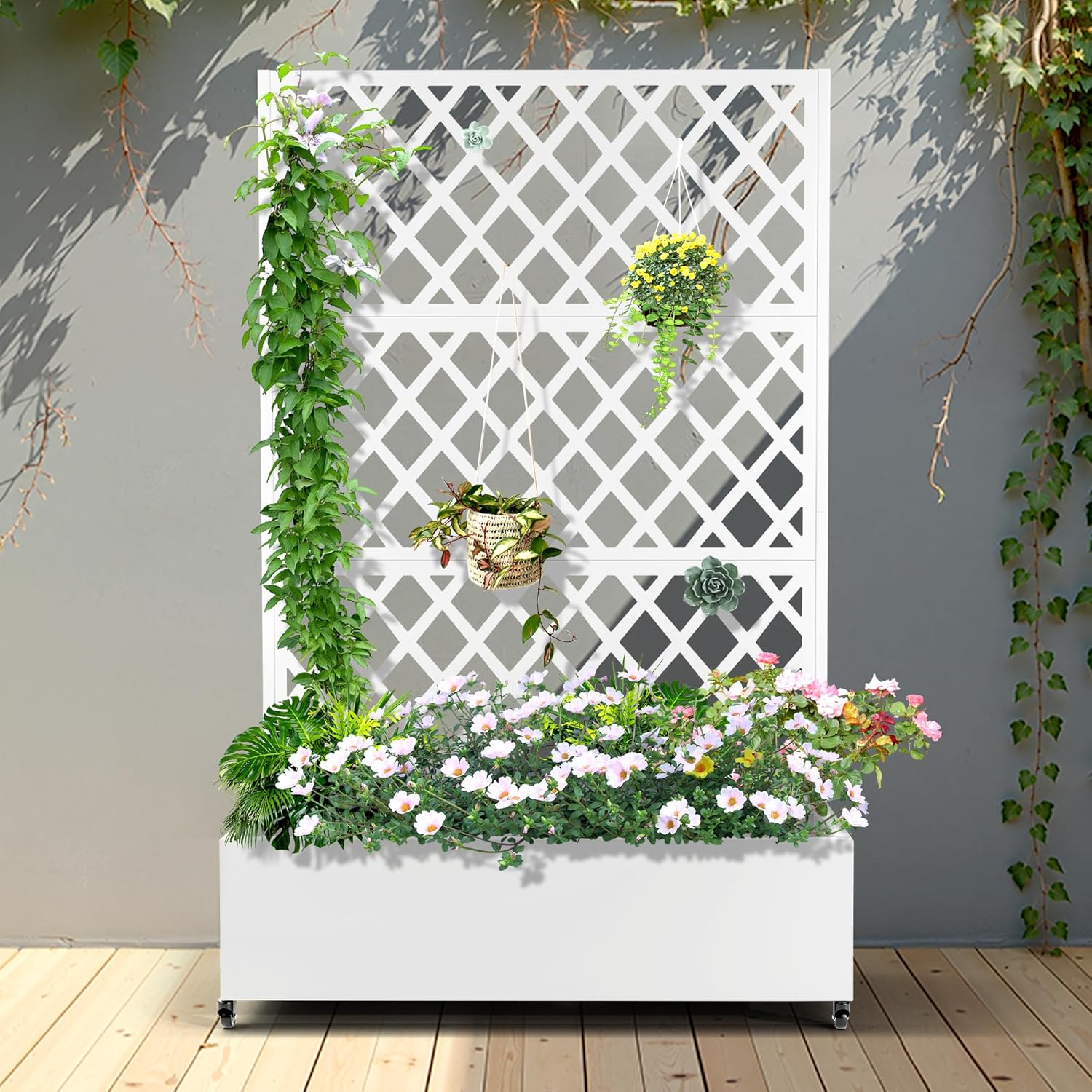 FENCY Metal Planter Box with Diamond Lattice Trellis Planter Box for Climbing Plants/Vines, Galvanized Raised Garden Bed On Wheels, Garden Bed with Trellis(73"x47" White)