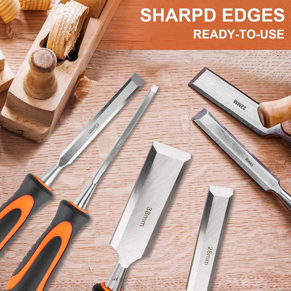 10Pcs Wood Chisel Sets, 6Pcs Premium Wood Chisels with Honing Guide, Sharpening Stone & Carpenter Pencils, Wood Carving Tools Kit for DIY & Professional Use (6-38mm)