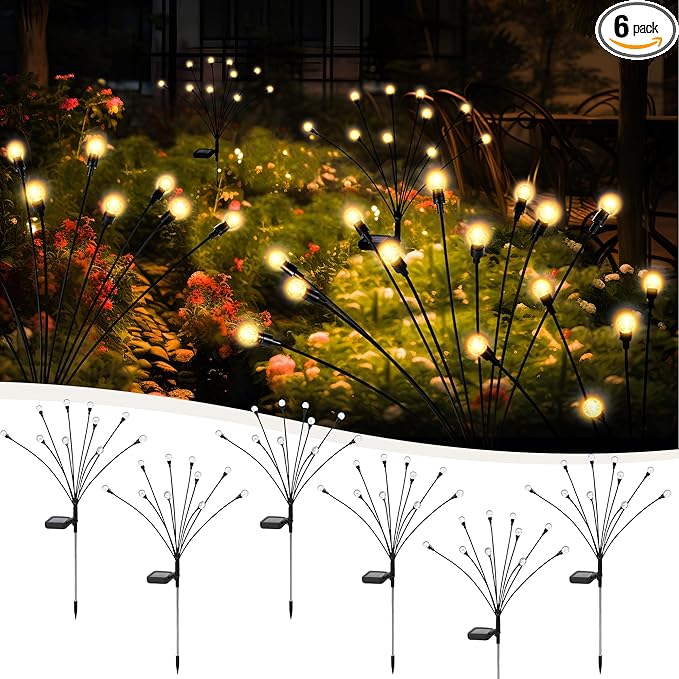 10 LED Solar Garden Lights, 6 Pack Solar Firefly Lights Outdoor Waterproof, Solar Crystal Ball Swaying Lights, Firefly Garden Lights Solar Outdoor (Warm White)