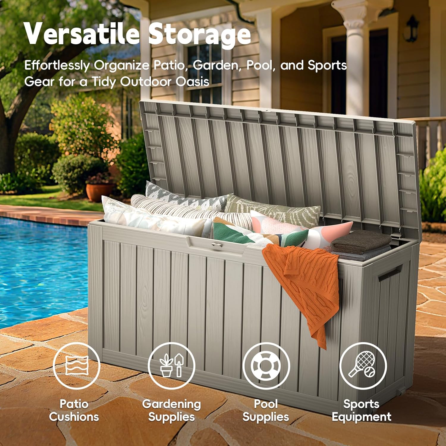 Outdoor Storage Box, 72 Gallon Waterproof Resin Deck Box, Storage Bin for Package Delivery, Patio Furniture Cushion, Garden Tools, Pool Accessories, Weatherproof and UV Resistant, Grey