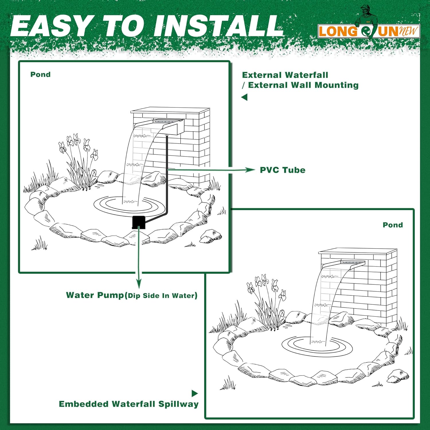 Waterfall Pool Fountain, LONGRUNNEW Stainless Steel Waterfall Spillway with Pipe Connector Kits for Outdoor/Indoor Decorative, 11.8 Inches Pool Water Feature for Garden Patio, Backyard Koi Pond Decor