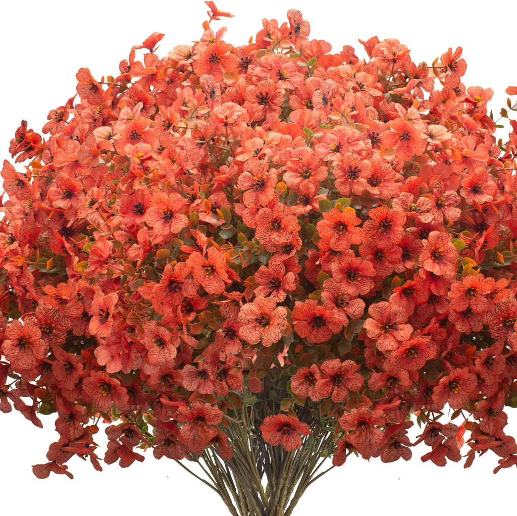 Fall Outdoor Artificial Flowers 16 Bundles - UV Resistant Faux Daisy with Eucalyptus Leaves, Weatherproof Fake Plants for Porch, Patio, Garden Decor, Indoor Outdoor Decor (Fall Orange Red)