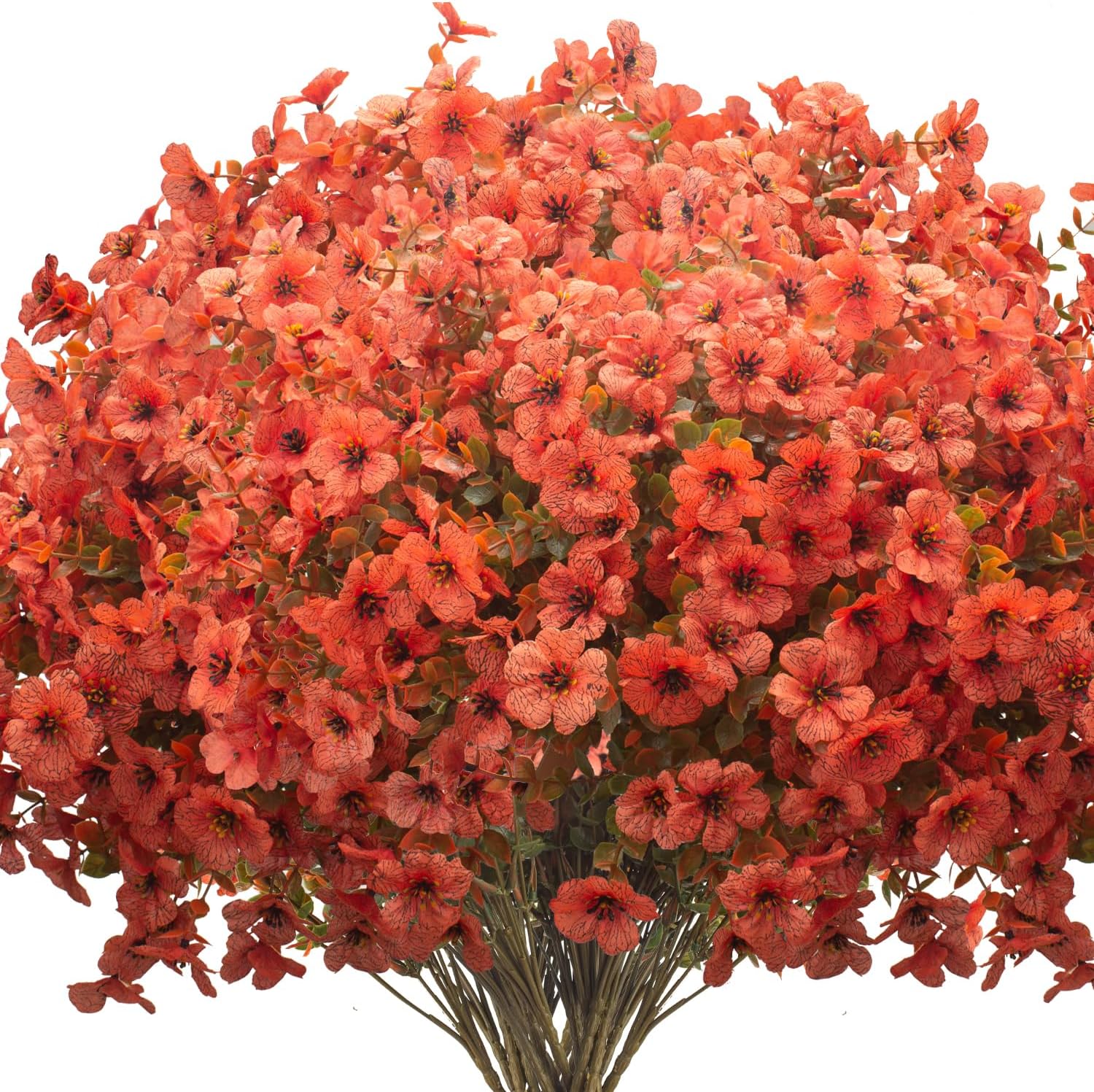 Fall Outdoor Artificial Flowers 16 Bundles - UV Resistant Faux Daisy with Eucalyptus Leaves, Weatherproof Fake Plants for Porch, Patio, Garden Decor, Indoor Outdoor Decor (Fall Orange Red)