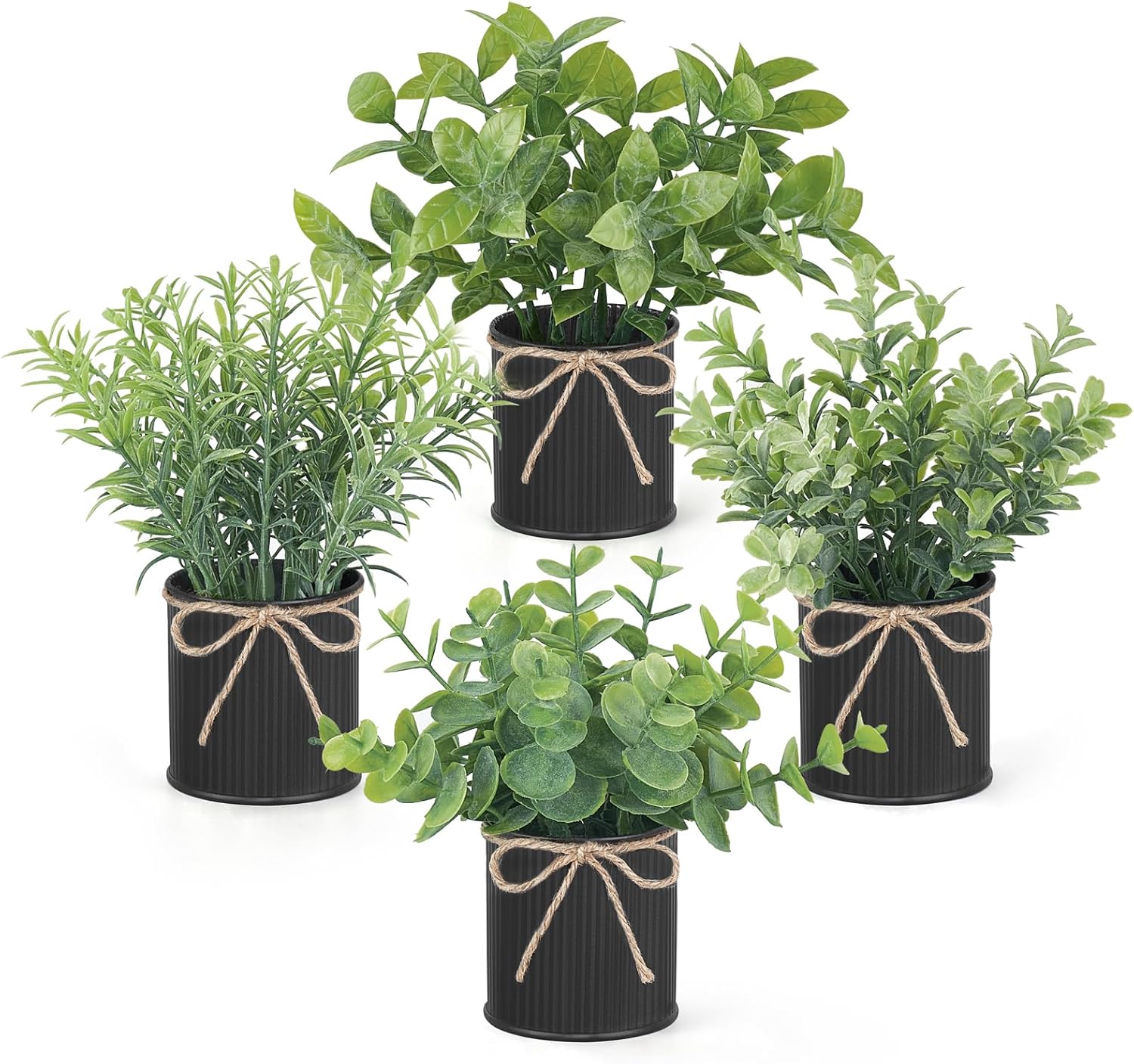 Mkono 4 Packs Small Fake Plants in Farmhouse Galvanized Pots Mini Potted Artificial Eucalyptus Plants for Halloween Decorations Shelf Office Bathroom Rustic Home Decor (Black)