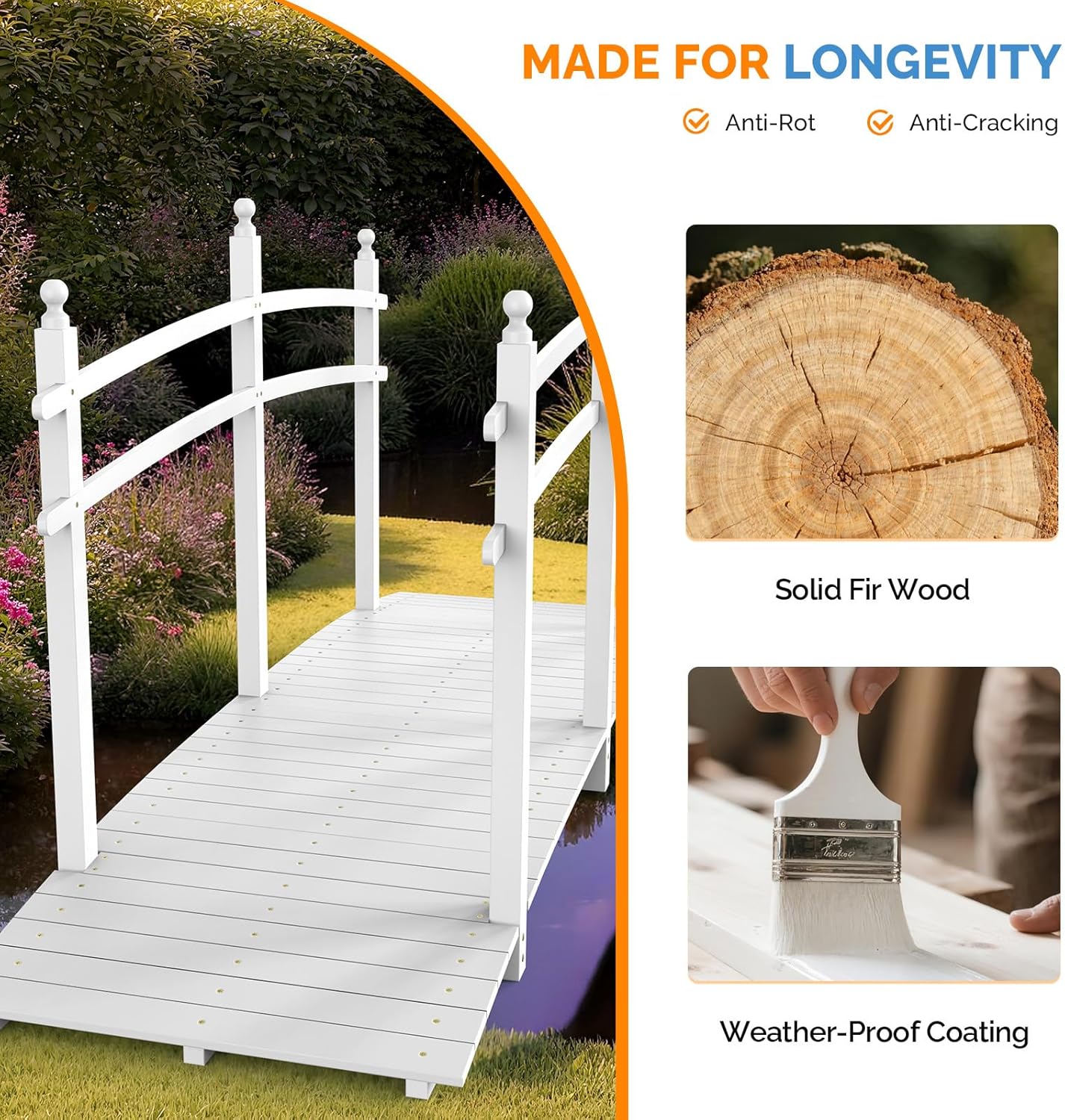 VINGLI Garden Bridge, Classic Wooden Arch with Safety Rails Footbridge (White, 7.5 ft)