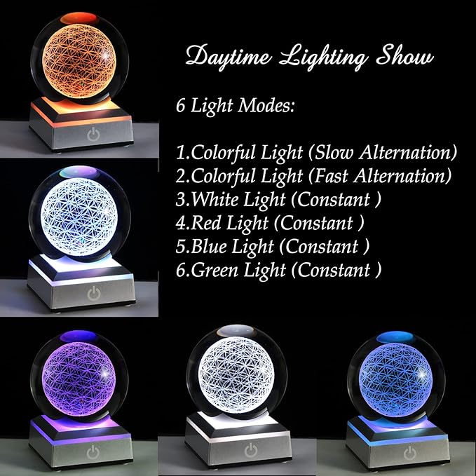 Qianwei Flower of Life Crystal Sphere with Led Colorful Lighting Touch Base, Sacred Geometry Crystal Ball Starlight Magic, Feng Shui Decor Laser Engraved Seek of Flower Inside A Sphere