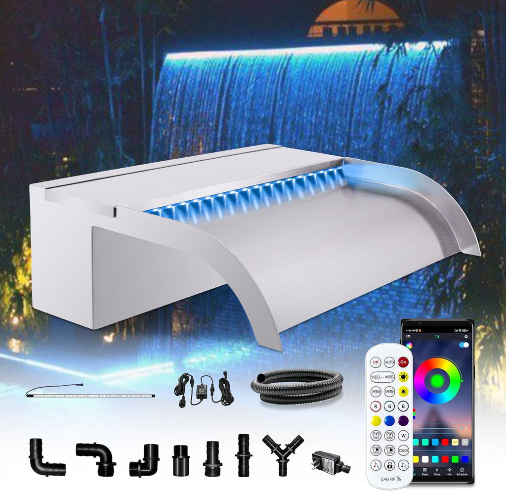 Waterfall Pool Fountain, LONGRUN Stainless Steel Waterfall Spillway for Pools and Ponds - 11.8" Wide Decorative Water Feature for Swimming Pools, Koi Ponds, and Garden