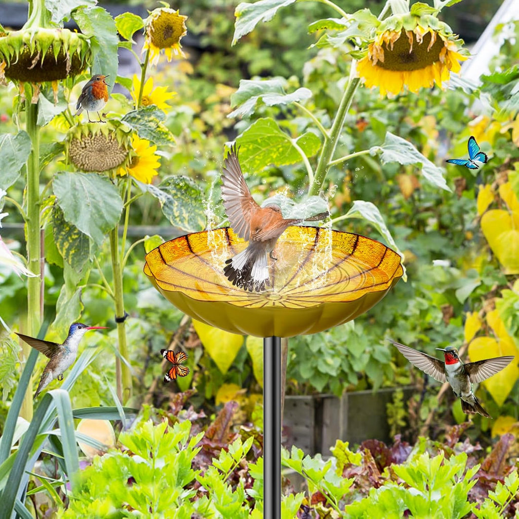 2PCS Metal Flower Bird Bath for Outside, Small Hummingbird Bath Bowl Detachable Birdfeeder Bowl Garden Decor for Outdoor Yard Lawn (2PCS-Yellow-Green)