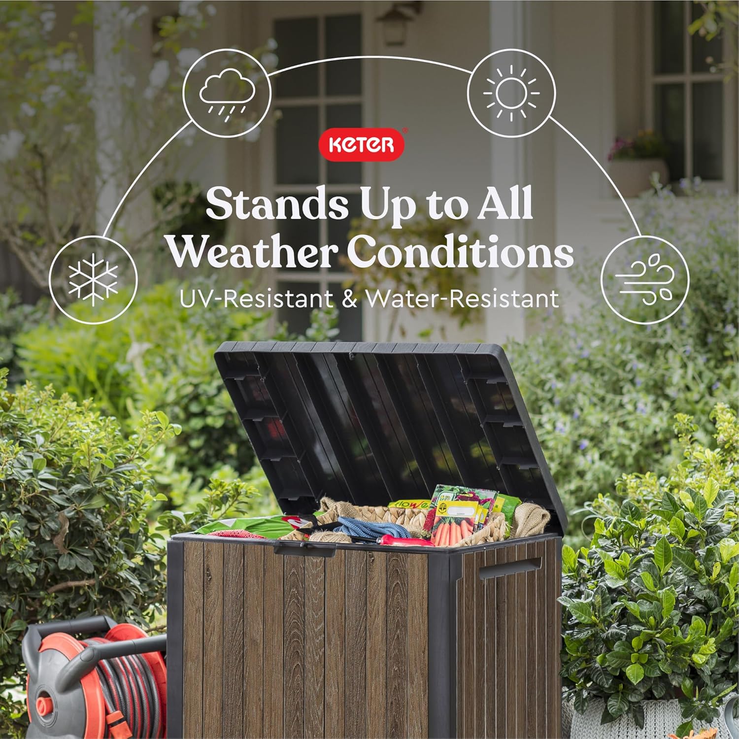 Keter Signature Everwood 30 Gallon Resin Outdoor Storage Box and Patio Furniture Side Table for Pool and Garden Accessories, Walnut