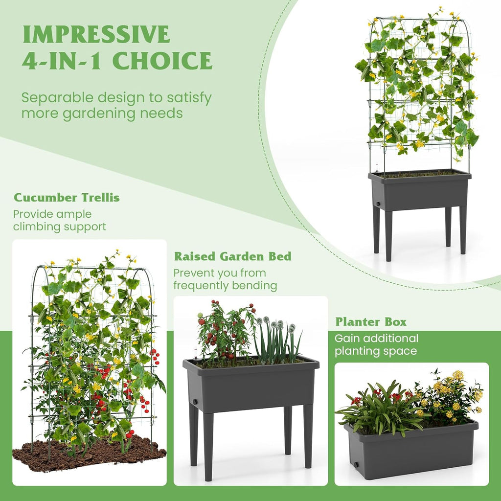 Happygrill Raised Garden Bed with Trellis, 4 in 1 Self-Watering Planter w/Water Level Observer, Drainage Holes, Climbing Net & Detachable Legs, Garden Cucumber Planter for Vegetables Flowers