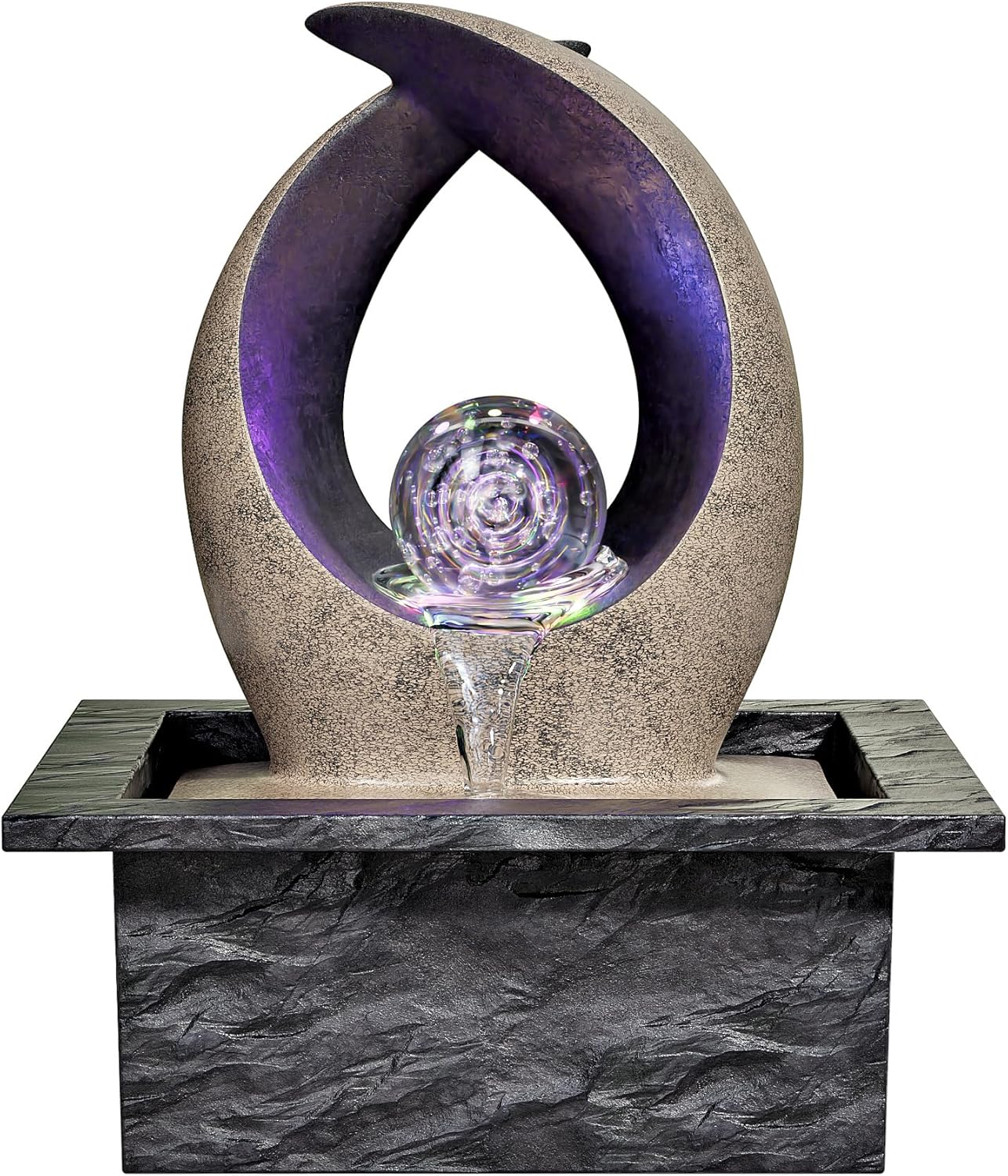 Tabletop Water Fountain, Indoor Desk Waterfall, Meditation Fountain with LED Lights Rolling Ball & Curved Form, Home Office Decor