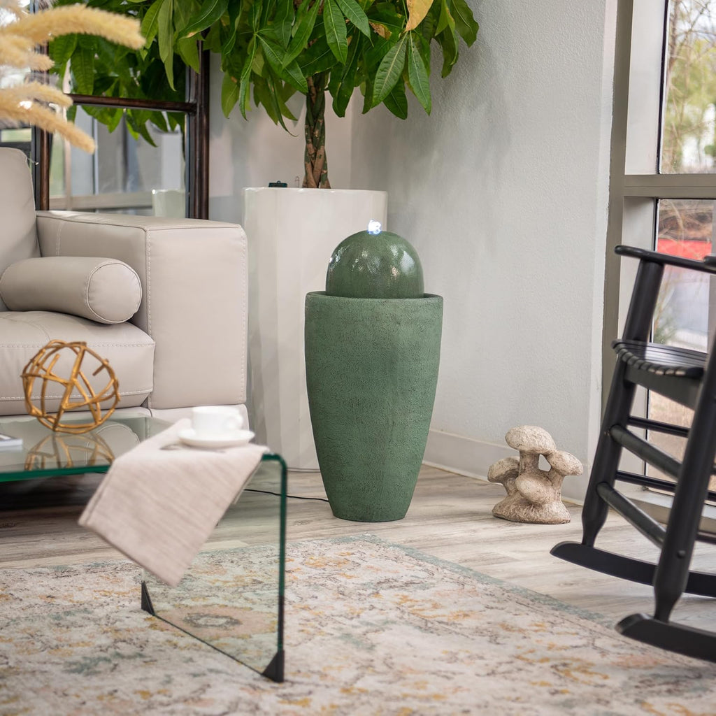 XBrand 25.98" H Round Stone Indoor/Outdoor Modern Stone Textured Sphere Water Fountain w/LED Lights, Ball Fountain Decor, Green