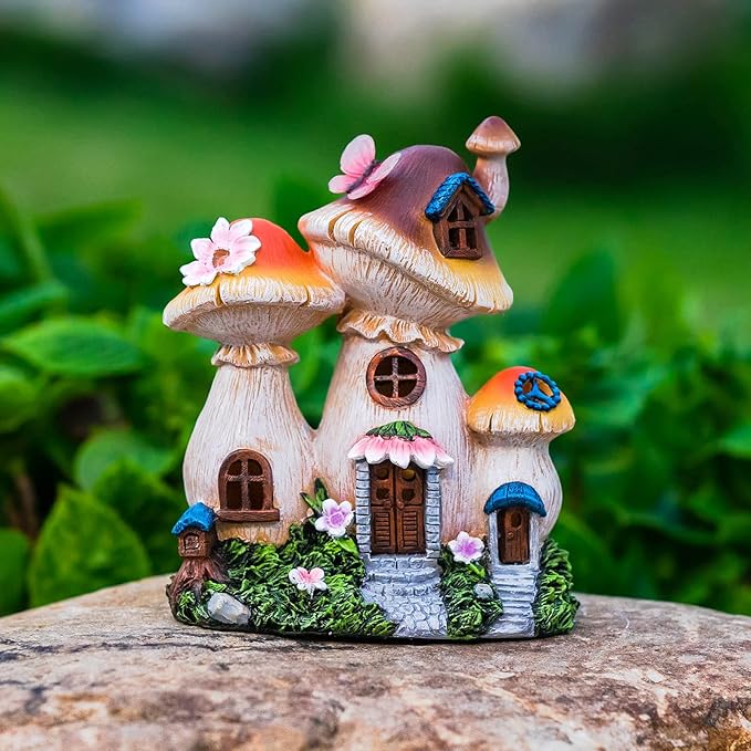 Solar Garden Statue Lights Mushroom Fairy House Figurine, Outdoor Memorial Garden Ornaments Waterproof Decoration for Outside Patio Yard Lawn Decor