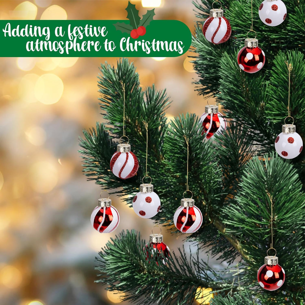 Watayo 24 Pcs Christmas Candy Balls Glass Ornaments, 1" Mini Glass Candy Balls Hanging Ornament, Sweet Red White Candies Ball Ornaments for Christmas Tree Holiday Party Decoration
