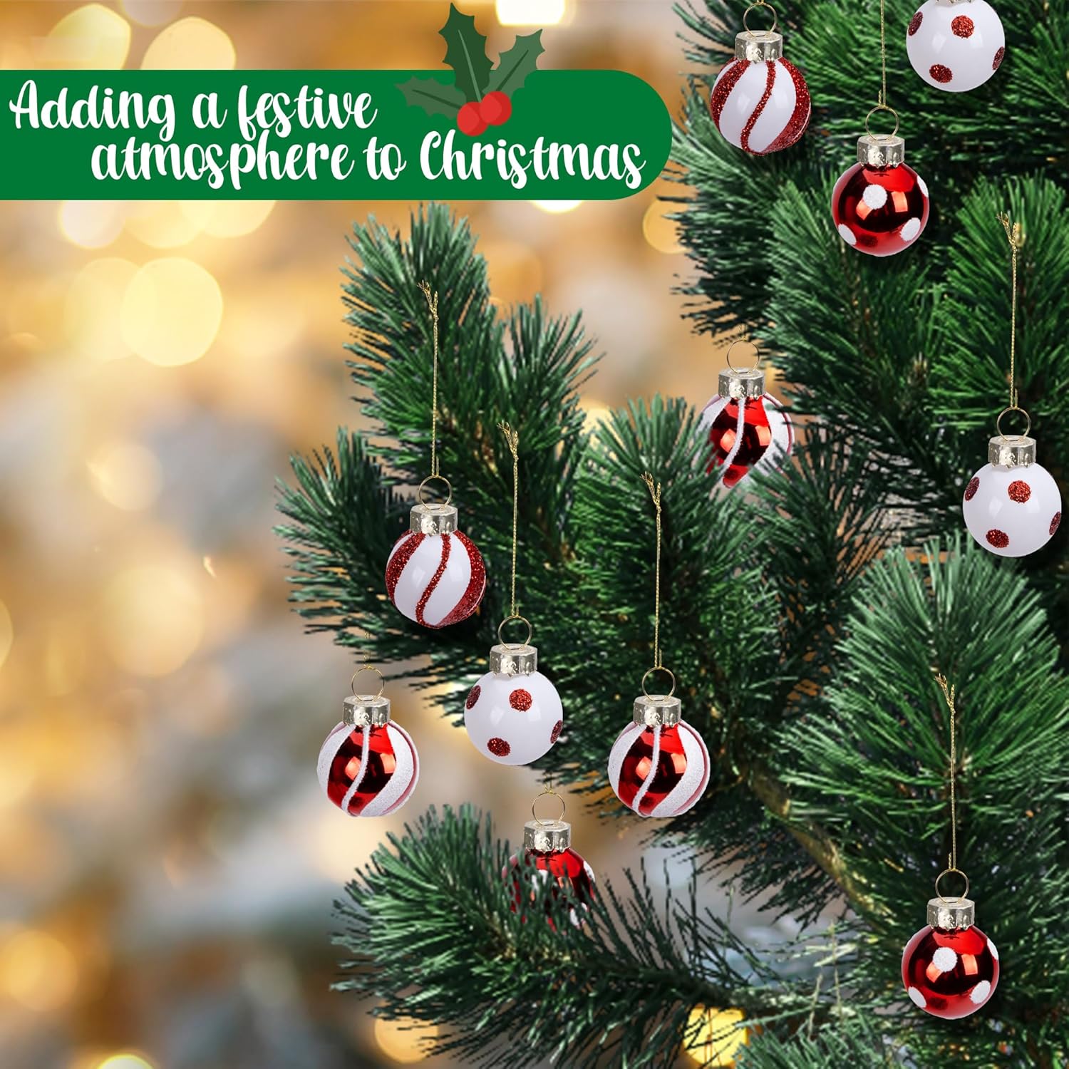 Watayo 24 Pcs Christmas Candy Balls Glass Ornaments, 1" Mini Glass Candy Balls Hanging Ornament, Sweet Red White Candies Ball Ornaments for Christmas Tree Holiday Party Decoration