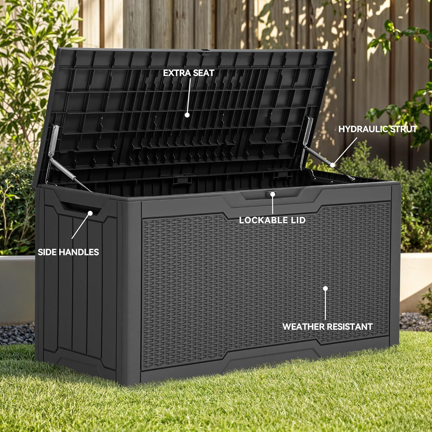 YITAHOME 80 Gallon Outdoor Storage Box, Large Water Resistant Resin Deck Box, Indoor Outdoor Lockable Rattan Storage Container for Patio, Garden, Cushions, Tools, Equipment (Dark Gray)