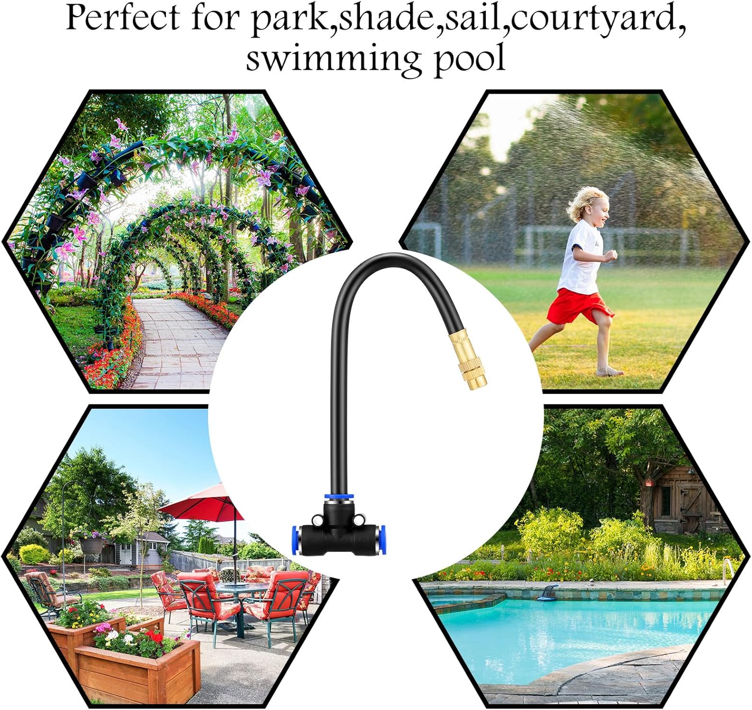 Zonon 10 Pcs Brass Misting Nozzles Tee with 8 Inch Built in Hose 360 Degree Rotation Adjustable Water Mister Nozzles Thread Sprayer 0.043" Misting Parts and Accessories for Patio Outdoor Cooling