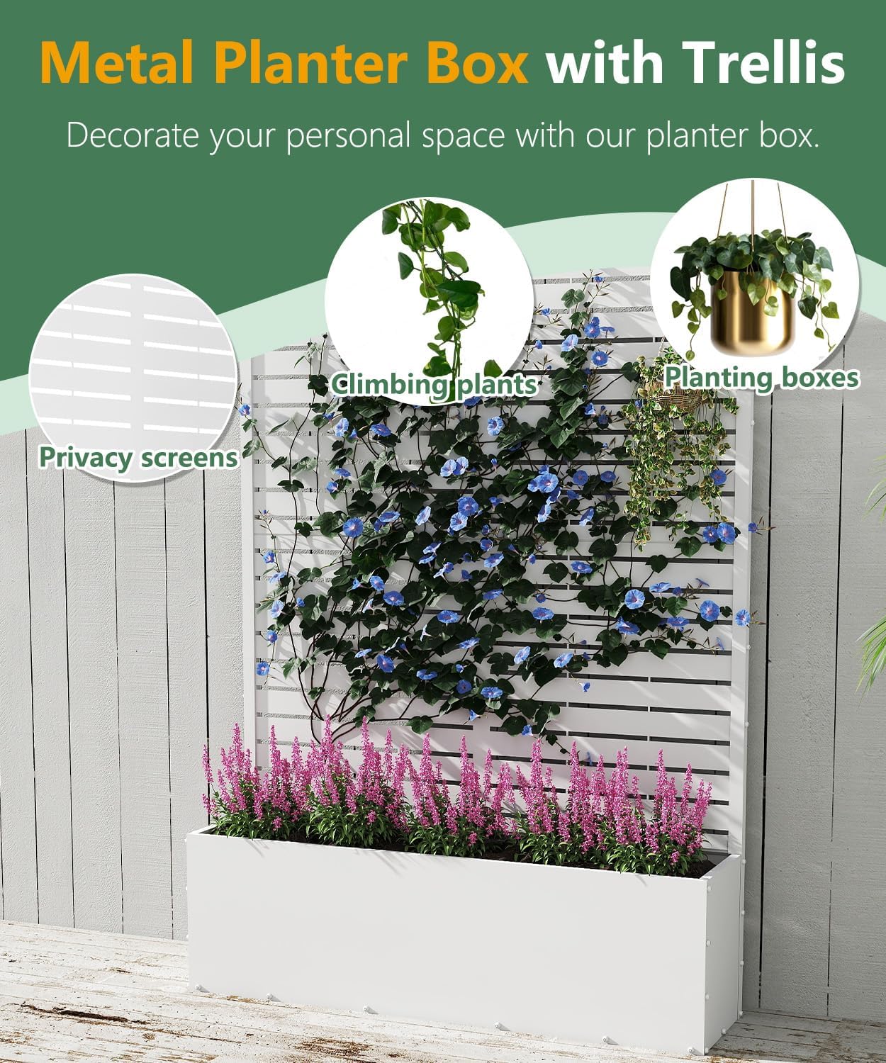 2PCS Metal Planter Box with Trellis,70.9"x47.2"x15.7" Raised Garden Bed with Drainage Holes, Privacy Planters for Outdoor Garden Bed for Climbing Plants,Vegetables,and Vines, White-louvered