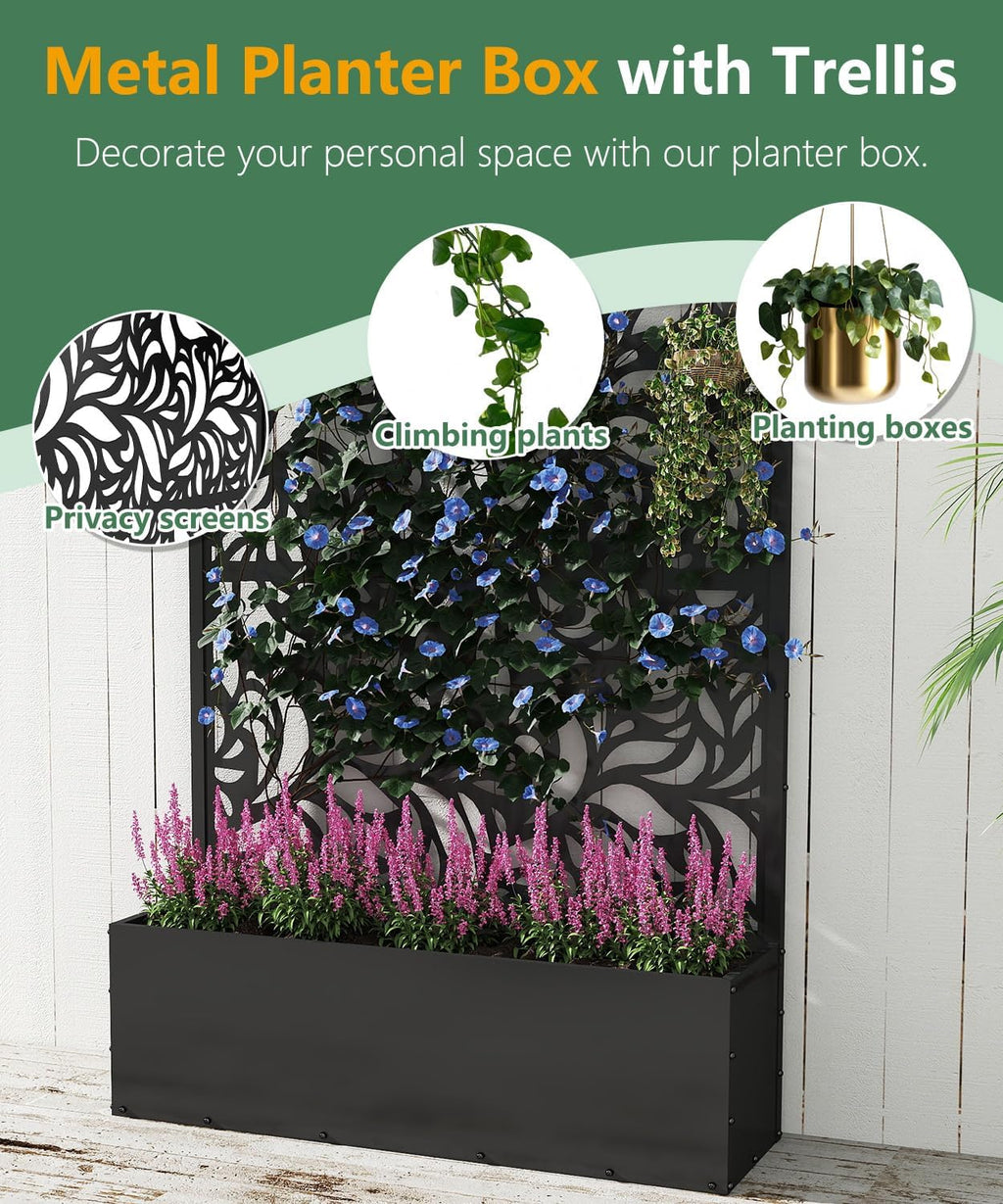 2PCS Metal Planter Box with Trellis,70.9"x47.2"x15.7" Raised Garden Bed with Drainage Holes, Privacy Planters for Outdoor Garden Bed for Climbing Plants,Vegetables,and Vines, Black-Flower
