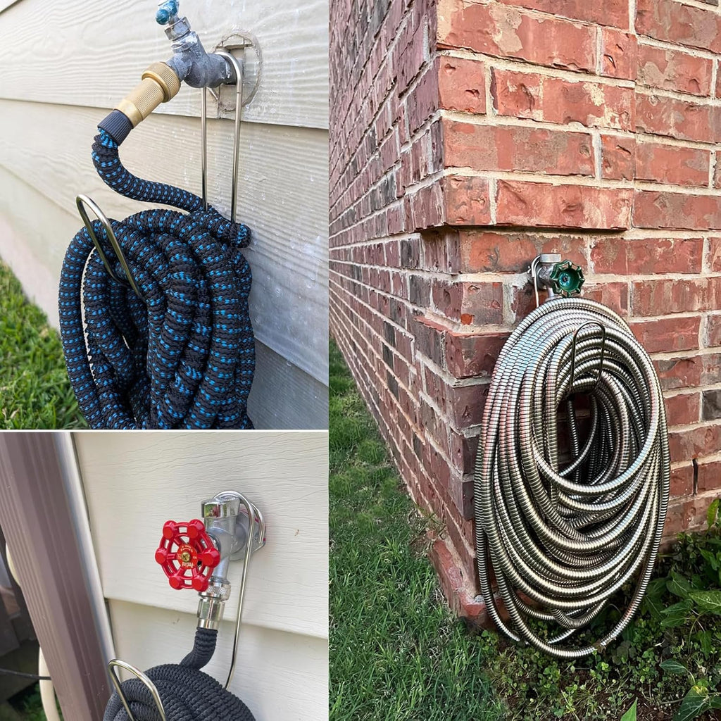 Garden Hose Holder Water Hose Hanger Wall Mounted,304Stainless Steel Solid Hose Hook Holds Up to 50Ft Garden Hose, Expandable Hose, Water Hose(Chrome 2pcs)