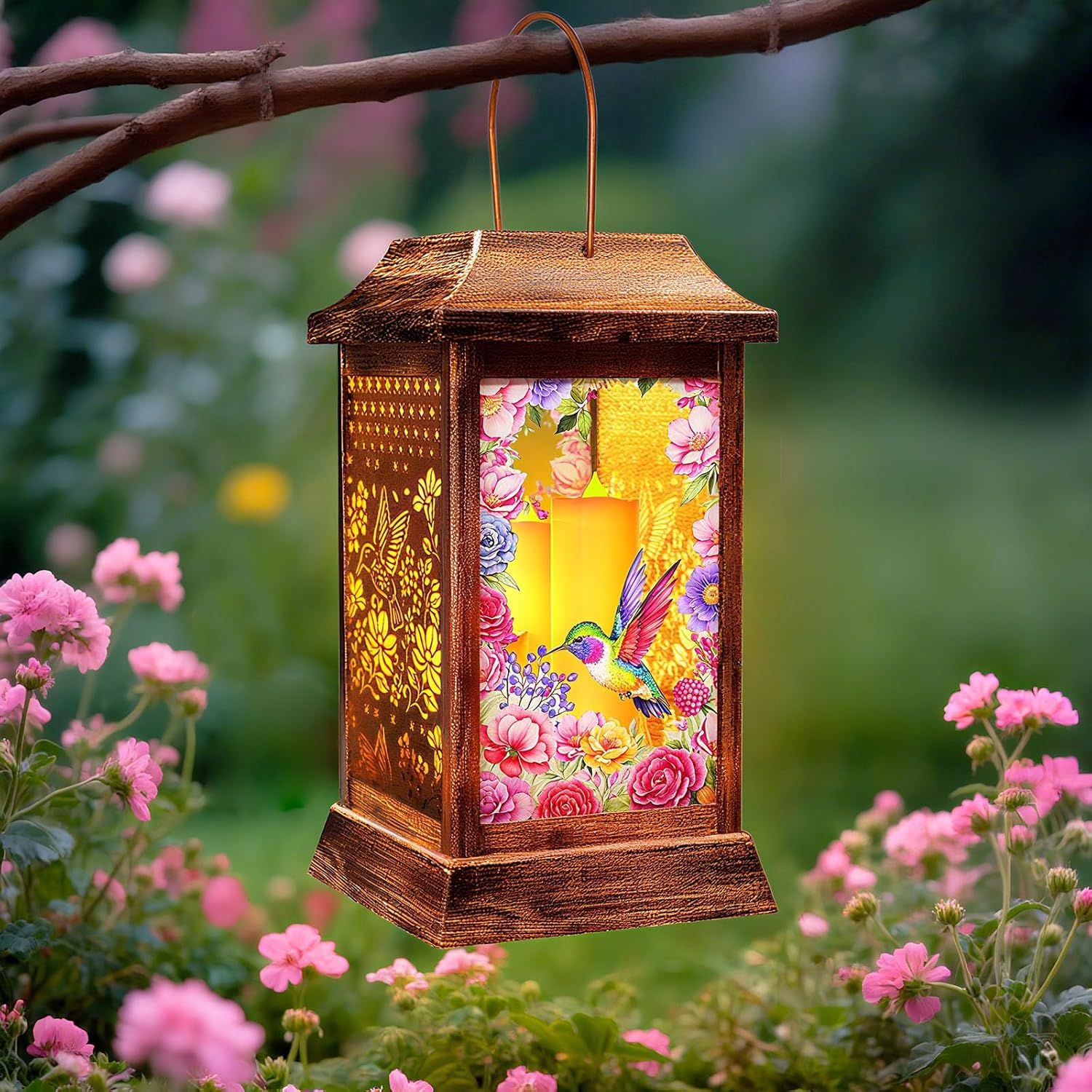 Hummingbird Solar Lanterns Outdoor Waterproof, Metal & Glass Hanging Lights Garden Decor, Birthday Gifts for Women Mom Grandma Mothers Day, Decorative Lights for Outside Yard Patio Backyard Porch