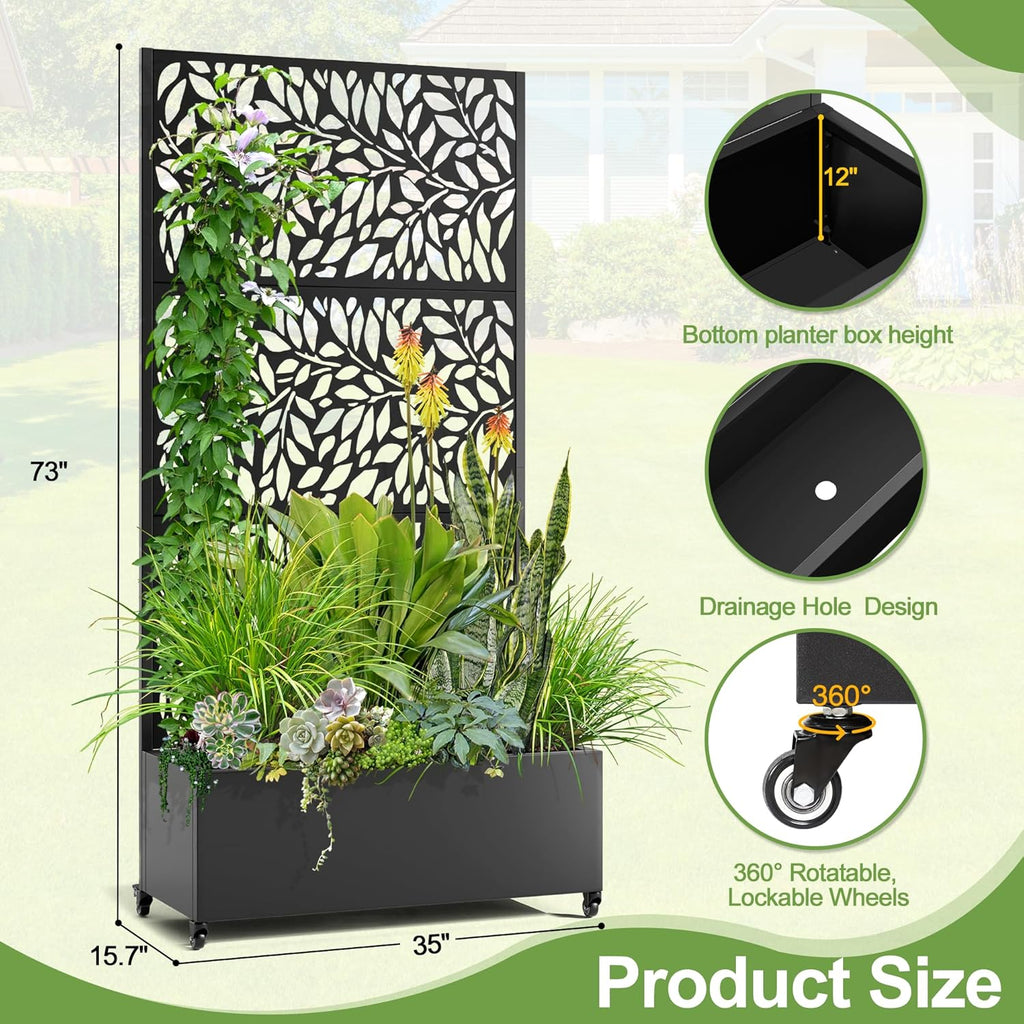 Raised Garden Bed with Trellis and Wheels,73"x35"x16" Metal Raised Garden Bed,Black Flowing Leaf-2 Metal Planter with Climbing Trellis for Vines & Vegetables