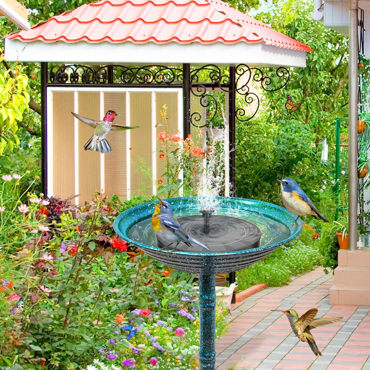 Metal Bird Bath for Outside, Freestanding Garden Metal Birdbaths with Stable Upgrades Stake, Easy to Clean Birdfeeder for Outdoors Garden Yard Lawn Decor(Blue)