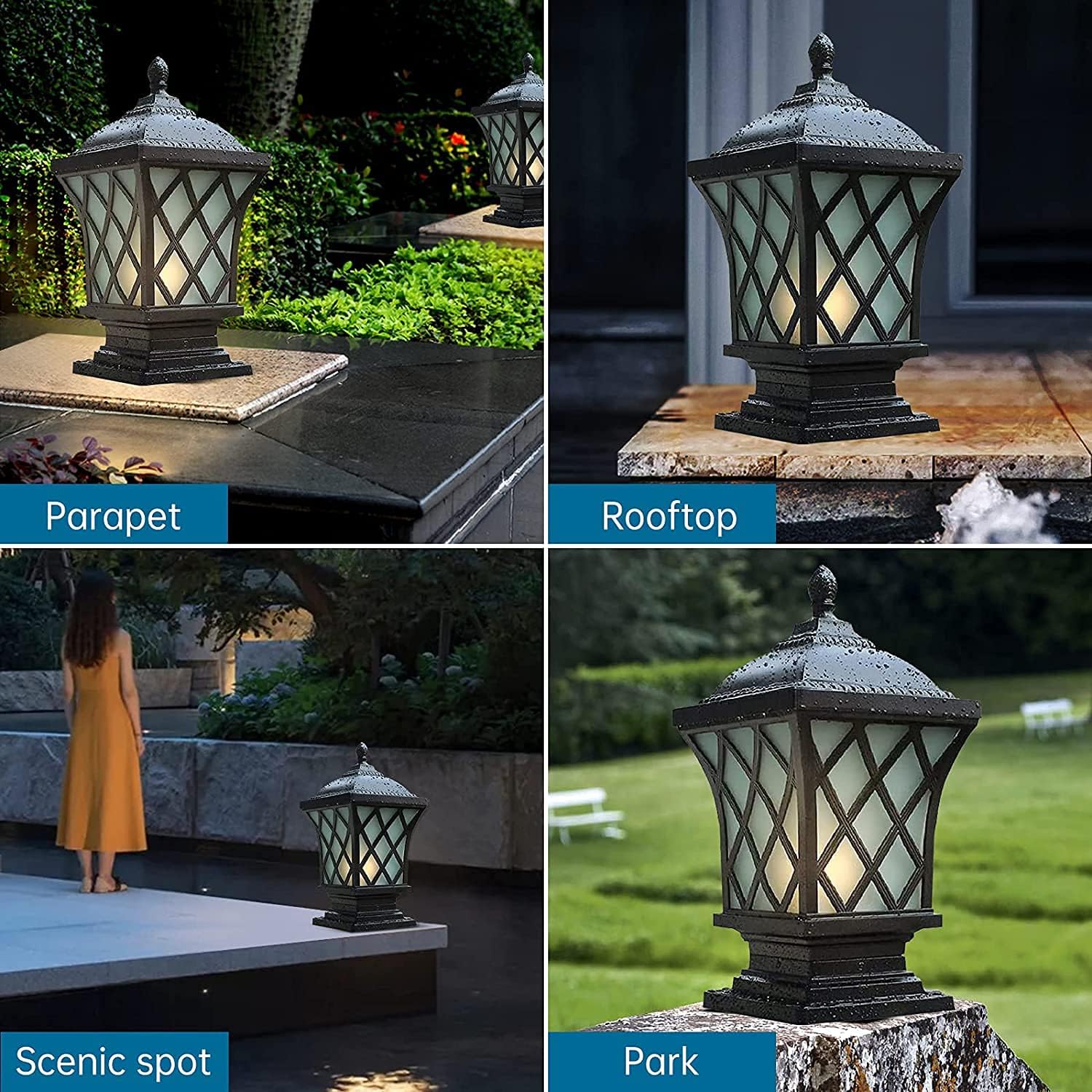 Outdoor Column Lights, 18.9″ Modern Column Lamp IP54 Waterproof Glass Post Light Outdoor E26 Aluminum Fence Post Light Fixtures for Villa Garden Park Lighting Black Pillar Lights