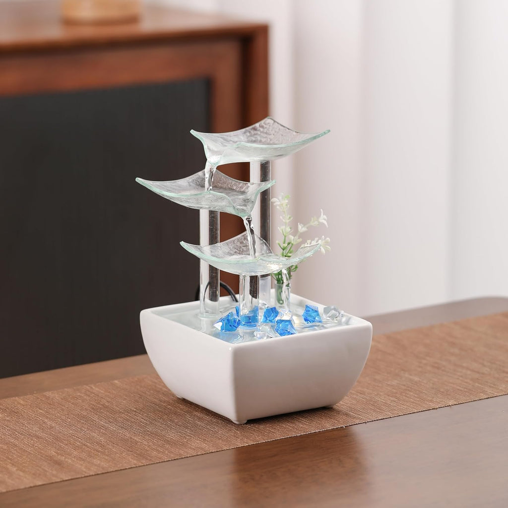 Ceramic and Glass Tabletop Fountain for Indoor and Home Decoration Table Desk Office Patio White