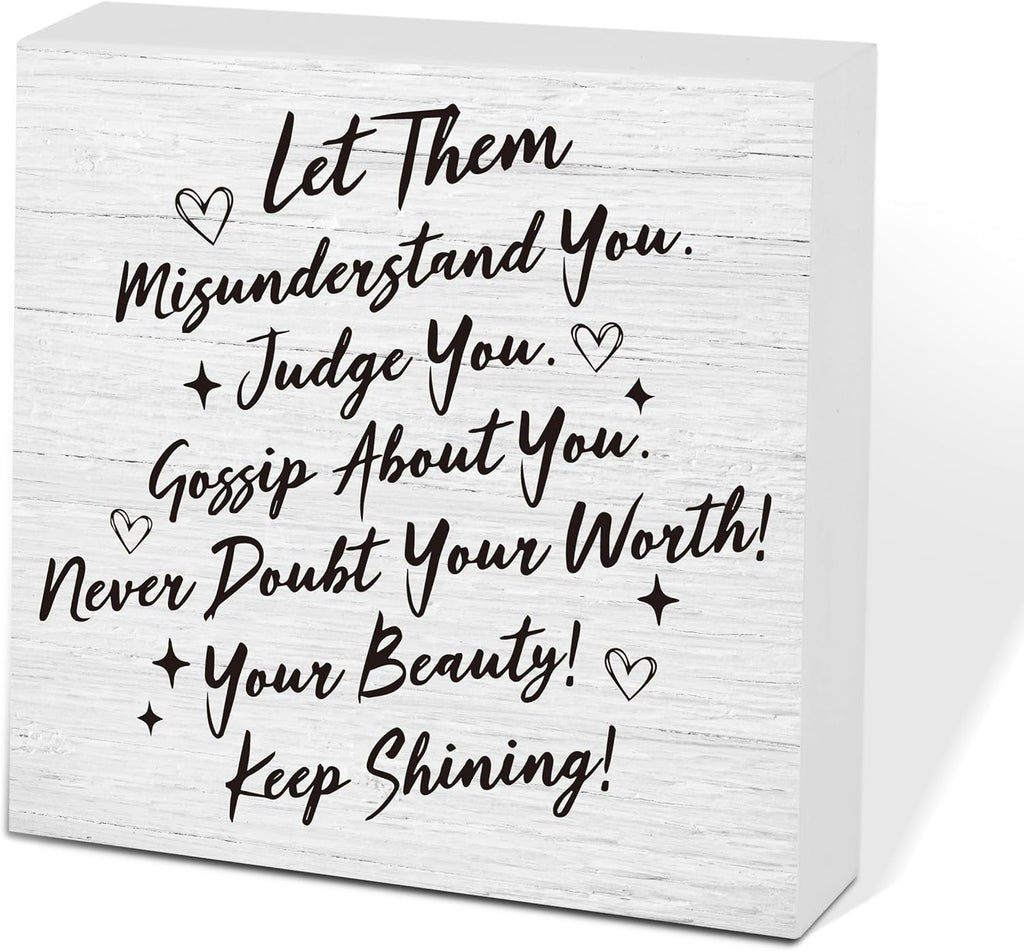 Let Them Wooden Sign, Desk Decorations For Women Office, 5x5 Inch Farmhouse Funny Office Decor Wood Box Sign, Desk Shelf Cubicle Accessories, Appreciation Gifts for Coworkers Boss, 10