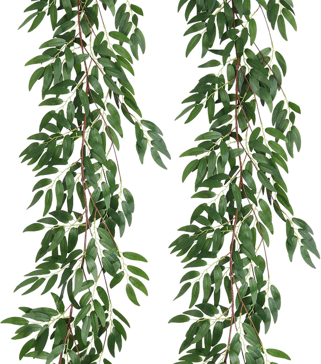 RECUTMS Artificial Willow Leaves Vine Twigs 2Pcs 5.7Ft Fake Hanging Ivy Plants Silk Green Leaf Rattan Garland Greenery Decor for Indoor Outdoor Home Wedding Arch Jungle Beach Birthday Party Garden