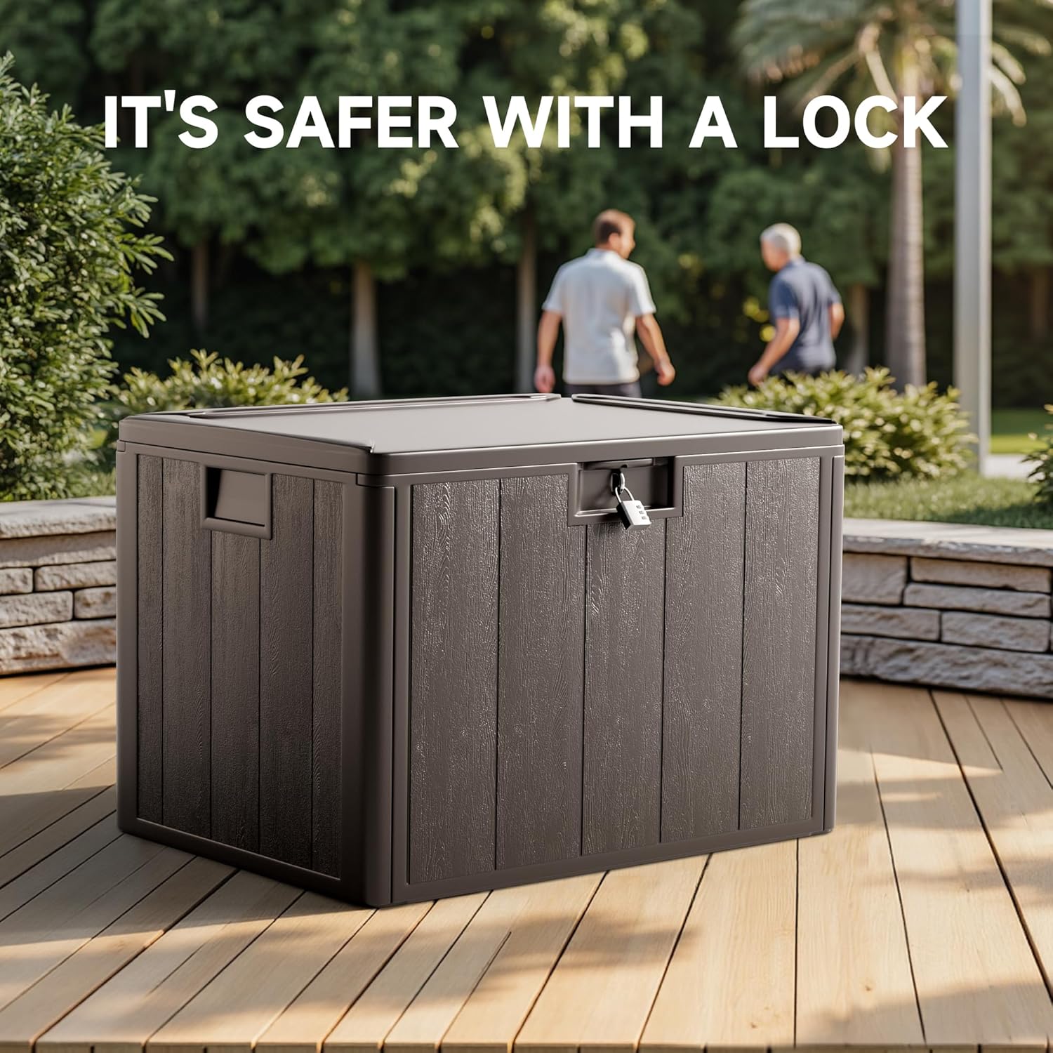 40 Gallon Deck Box, Double Layer Waterproof Resin Outdoor Indoor Storage Box, Lockable & UV Resistant Storage Bin for Patio Furniture, Garden Tools, Pool Accessories (Brown)