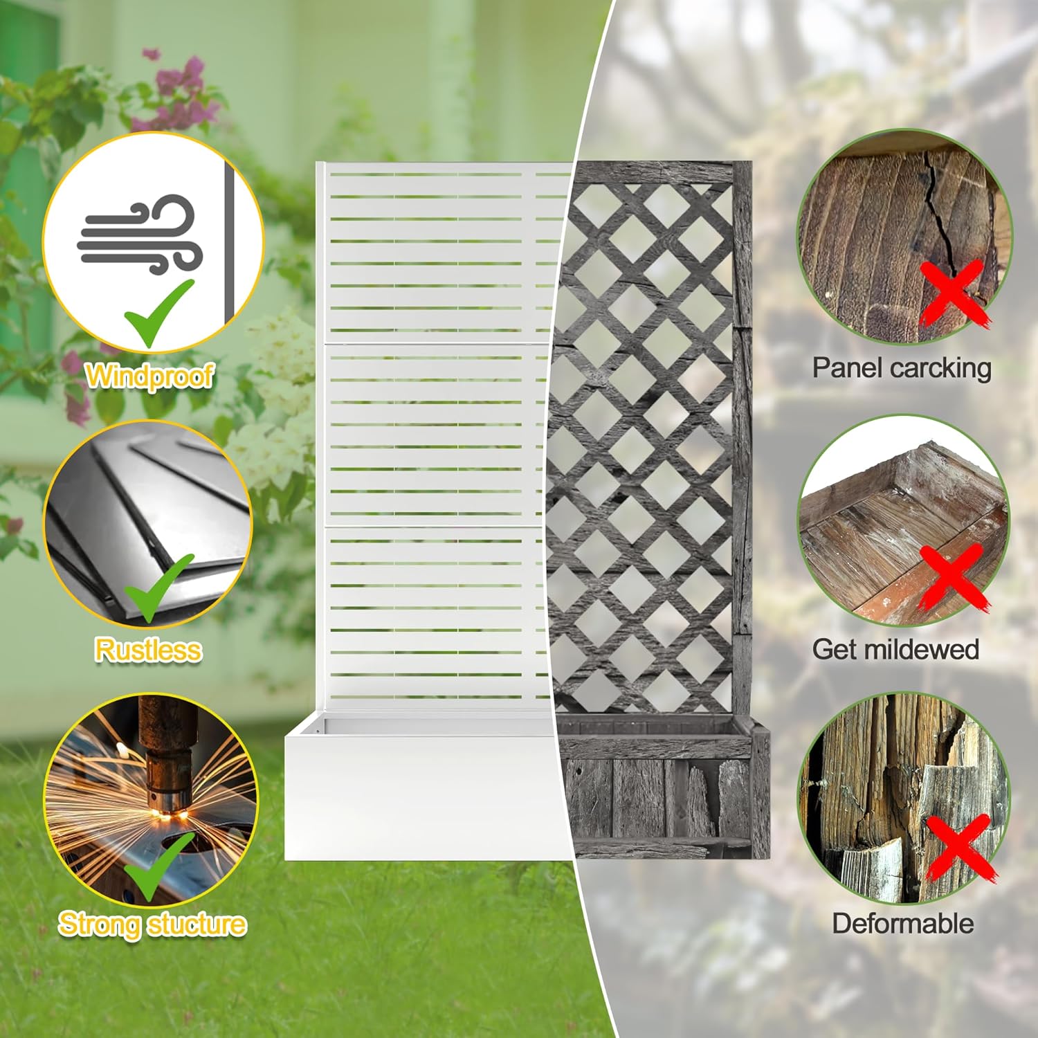 FENCY Metal Raised Garden Bed with Trellis, Metal Planter Box with Trellis, Garden Box for Climbing Plants Vegetable, 47" Lx16 Wx71 H Garden Bed with Drainage Holes(White-Louvered)