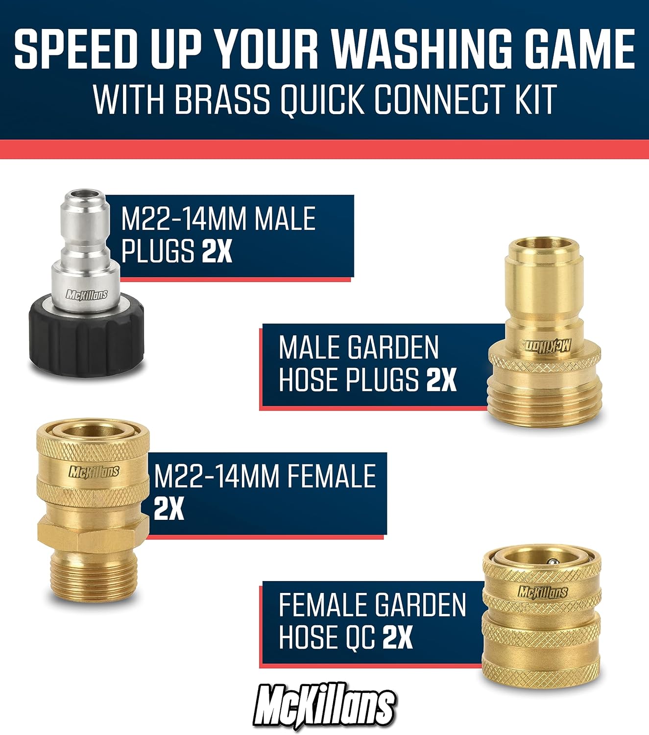 McKillans® Pressure Washer Quick Connect Kit, M22-14mm to 3/8" Male Female Quick Disconnect Kit for Power Washer (Brass)