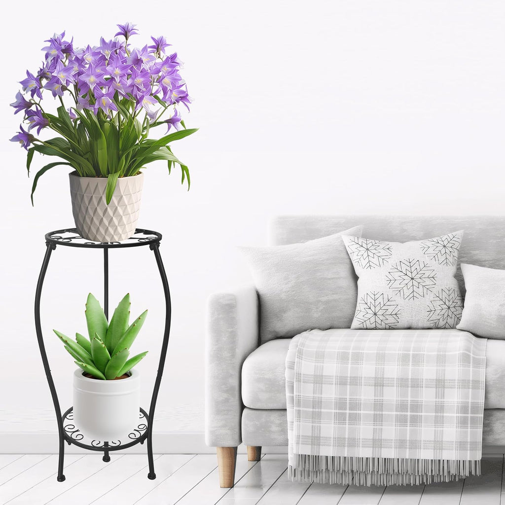 Metal Plant Stand 2 Tier Indoor Outdoor, Tall Flower Pot Shelf Rustproof Stable Corner Stand, 25.2 inch Multiple Plant Display Rack for Living Room Patio Balcony Garden