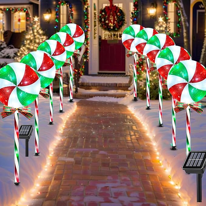 10 Packs Christmas Pathway Lollipop Lights with Bow Tie Solar Powered Outdoor Waterproof Xmas Candy Cane Path Landscape Decorative Stake Lights 2 Solar Panel + 10 Lights