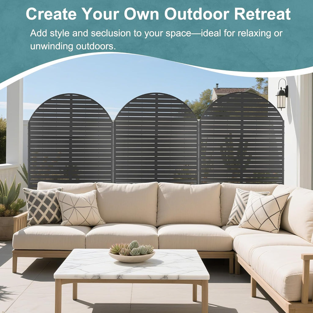 FENCY Metal Privacy Screen with Stand 72" H×47" W Outdoor Freestanding Privacy Panels, Arched Outdoor Privacy Screen for Deck Patio Balcony(Black-Louvered)