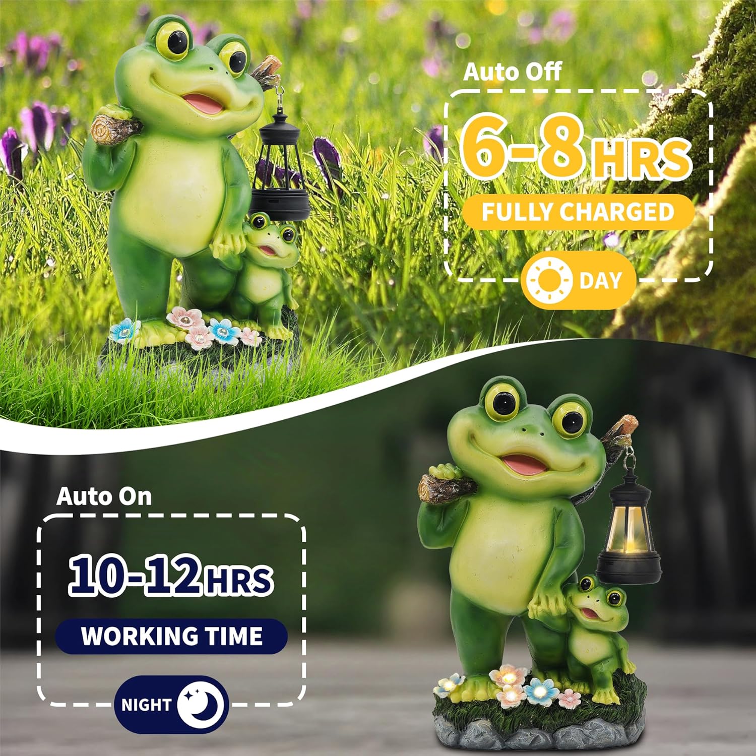 Outdoor Frog Garden Decor: 10'' Yard Decoration with LED Lantern Funny Solar Parent-Child Frog Statue Gifts for Women Gardener Housewarming Gift