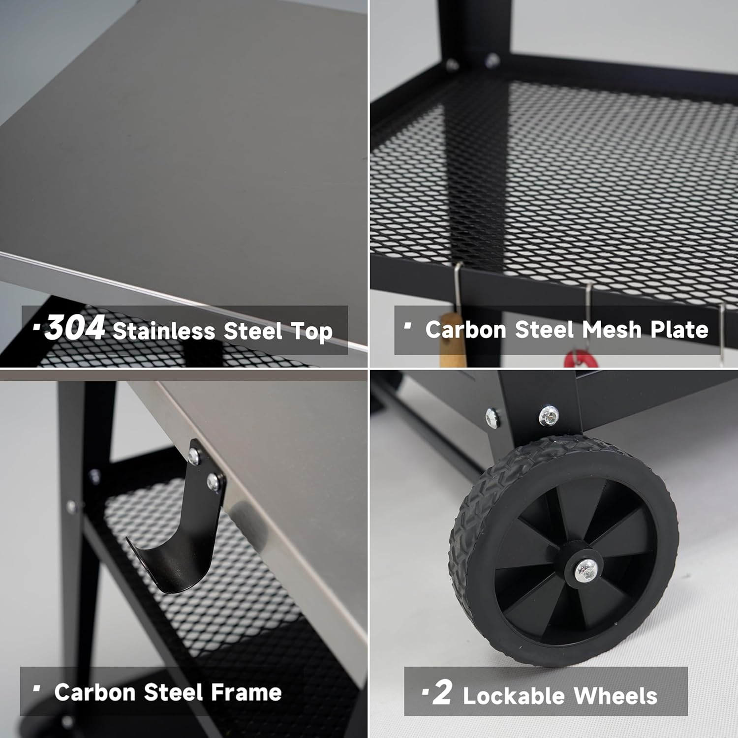 Stainless Steel Outdoor Grill Cart with Wheels, Heavy-Duty 3-Tier BBQ Prep Table for Pizza Oven, Griddle, Patio – Rustproof Commercial Kitchen Cart with Tool Hooks