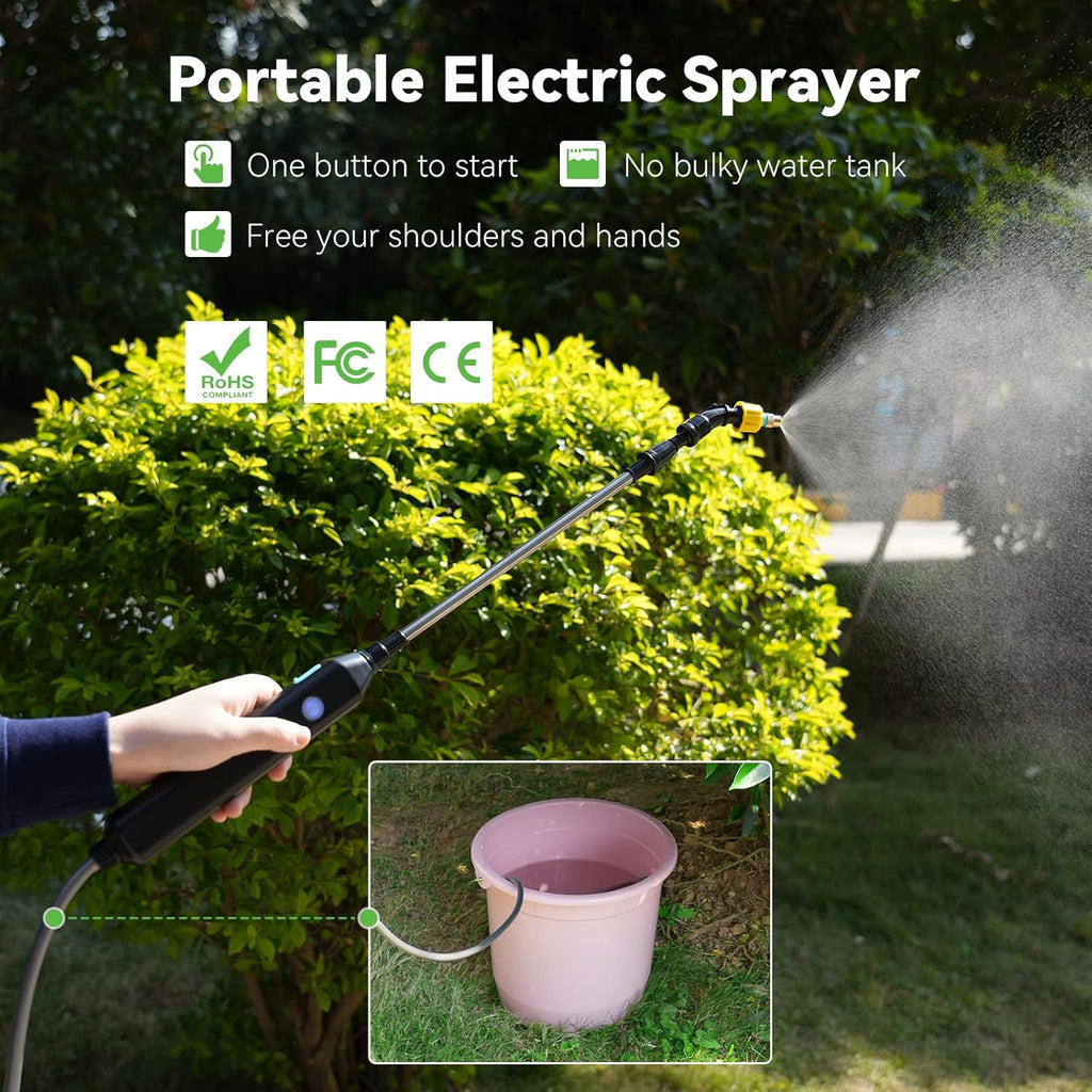 TOOVEM Electric Garden Sprayer, Portable Battery Powered Watering Wand, Rechargeable Plant Spray Mister with Telescopic Wand, 3 Adjustable Nozzles and 10ft Water Hose for Yard Lawn Weeds Plants