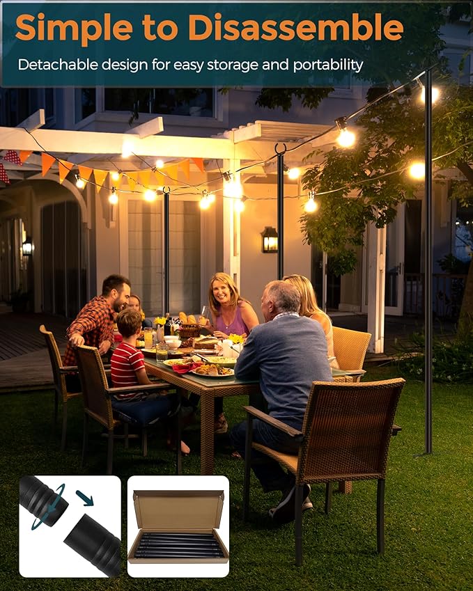 LAND·VOI Metal String Light Poles for Outside Hanging - Backyard, Garden, Patio, 2 Pack Lighting Stand with Adjustable Height for Outdoor Parties, Wedding, Extra-Long 5-Prong Claws, (9.6FT) FLP02B