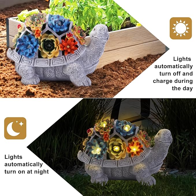 Solar Garden Statues Turtle with Succulent and 6 LED Lights, 9.1" L x 5.7" W x 6.7" H Outdoor Solar Decor, Turtle Garden Figurines for Lawn, Balcony, Yard Decoration, Gifts for Mom Wife