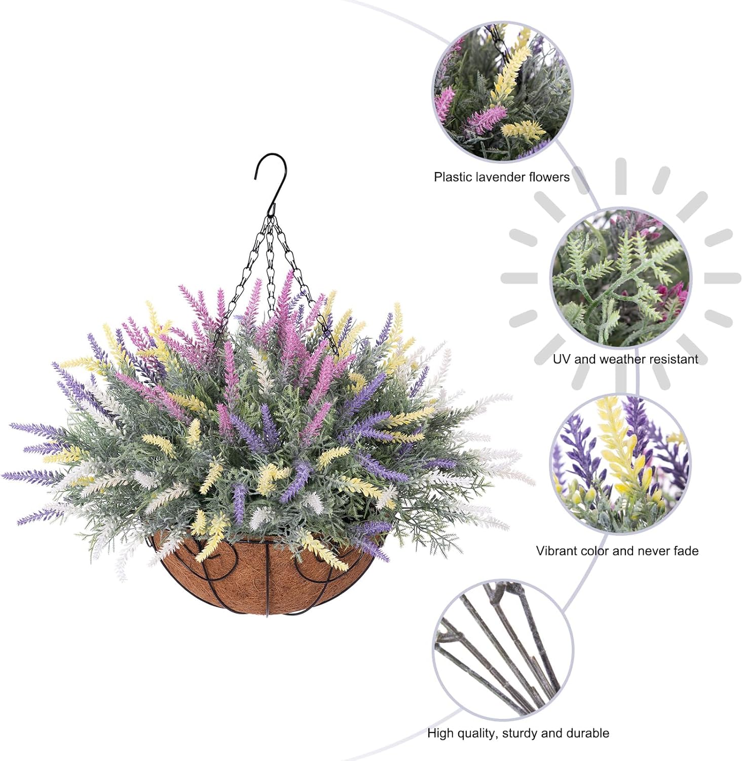 Artificial Fake Fall Hanging Flowers Plants Basket for Outdoor Outside Summer Decor, Faux Mixed Colorful Lavender in Coconut Lining Planter Look Real UV Resistant for Home Patio Porch Balcony Yard