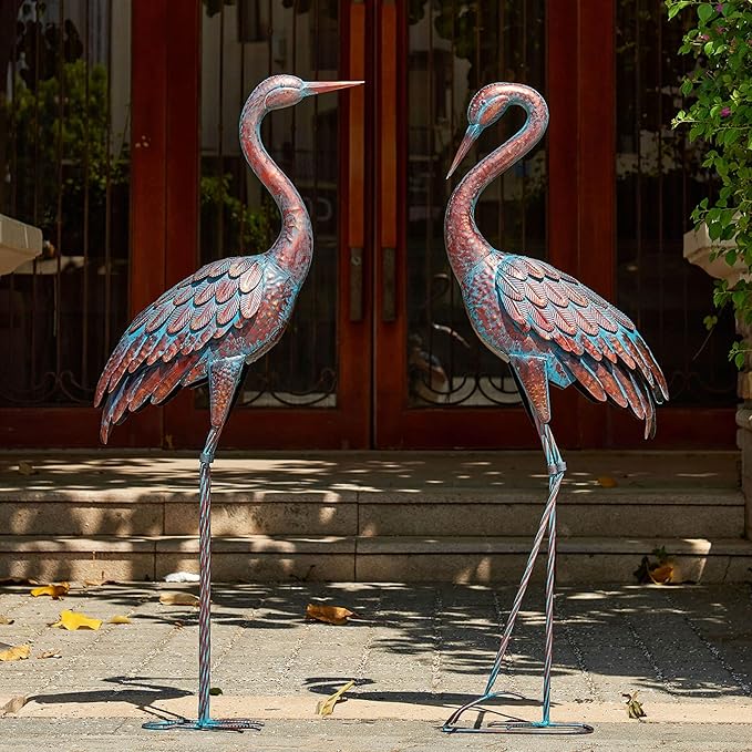 Kircust Garden Crane Statues Patina Heron Decoy, Standing Metal Crane Sculptures Bird Yard Art for Outdoor Decor, 47-48 Inch, Set of 2