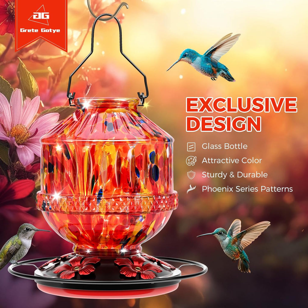 Blown Glass Hummingbird Feeders for Outdoors, 25 Ounces Wild Bird Nectar Feeder with Perch & 5 Flower Feeding Ports Leak Proof Hanging for Garden Backyard Decor, Gifts for Women Mom, Sunrise Red