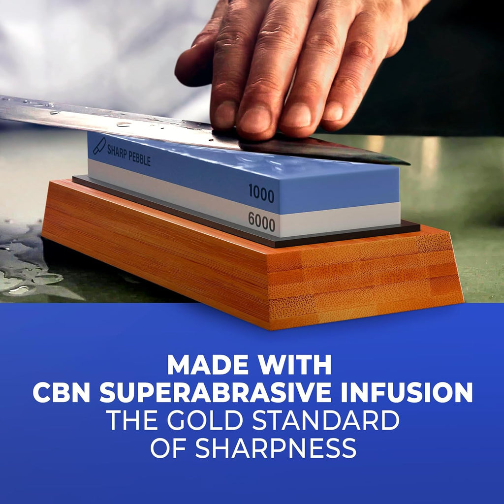 Sharp Pebble Premium Whetstone Knife Sharpening Stone 2 Side Grit 1000/6000 Waterstone- Whetstone Knife Sharpener- NonSlip Bamboo Base & Angle Guide