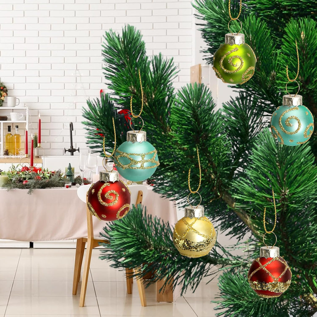 Watayo 24 Pcs Christmas Mini Multi Color Balls Glass Ornaments, 1" Mini Vintage Glittering Ball Hanging Ornaments for Tree, Red Green Gold Blue Glass Small Ball Tree Decoration for Xmas Home Decor