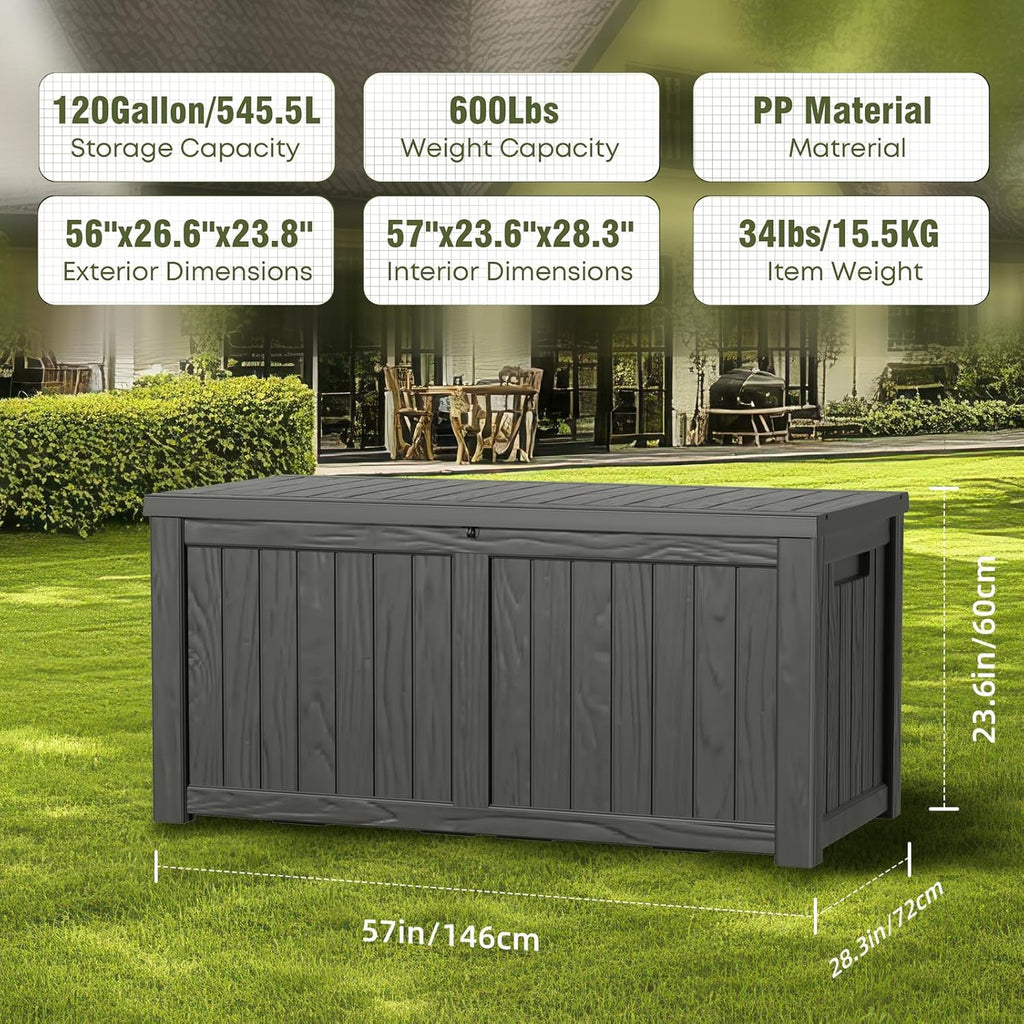 DRATO 120 Gallon Large Deck Box, Outdoor Storage Box for Patio Furniture, Patio Cushions, Gardening Tools, Pool Supplies,660lbs Weight Capacity,Waterproof Resin Storage Boxes