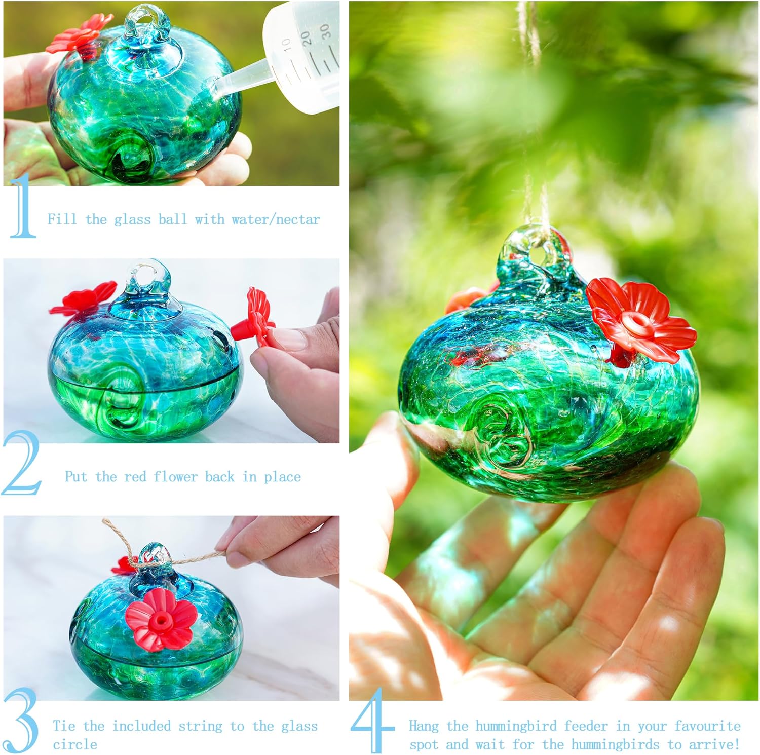 Blown Glass Hummingbird Feeders for Outdoors Small Glass Hummingbird Feeders to Attract Hummingbirds Ant and Bee Resistant Round Feeder Unique Gifts for Woman - 2 Feeding Ports